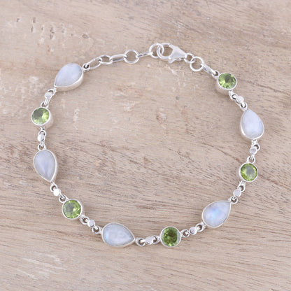 Misty Forest Sterling Silver Rainbow Moonstone and Peridot Link Bracelet