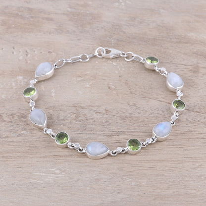 Misty Forest Sterling Silver Rainbow Moonstone and Peridot Link Bracelet