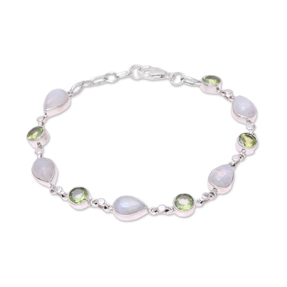 Misty Forest Sterling Silver Rainbow Moonstone and Peridot Link Bracelet