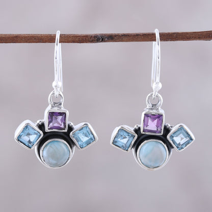 Delightful Glow Blue Topaz Amethyst and Larimar Silver Dangle Earrings