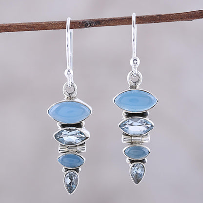 Falling Stars Blue Topaz and Chalcedony Sterling Silver Dangle Earrings