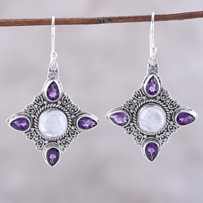 Eternal Delight Rainbow Moonstone Amethyst Sterling Silver Dangle Earrings