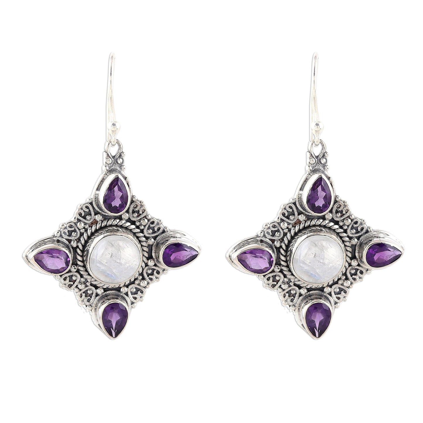 Eternal Delight Rainbow Moonstone Amethyst Sterling Silver Dangle Earrings