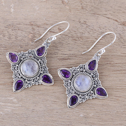 Eternal Delight Rainbow Moonstone Amethyst Sterling Silver Dangle Earrings