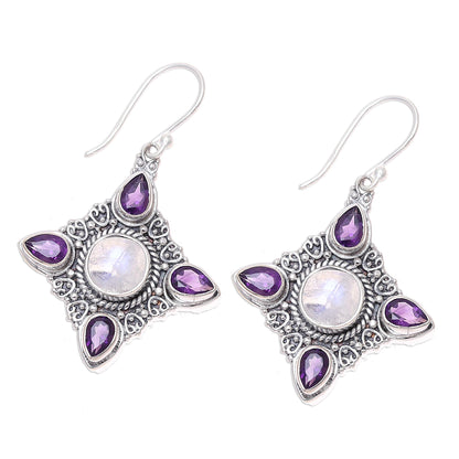 Eternal Delight Rainbow Moonstone Amethyst Sterling Silver Dangle Earrings