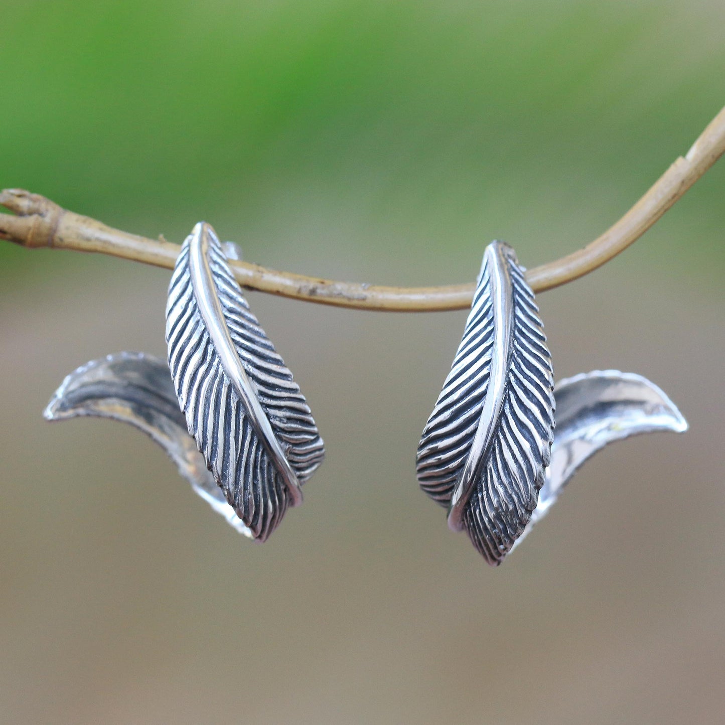 Leafy Curl Leaf-Themed Sterling Silver Half-Hoop Earrings from Java