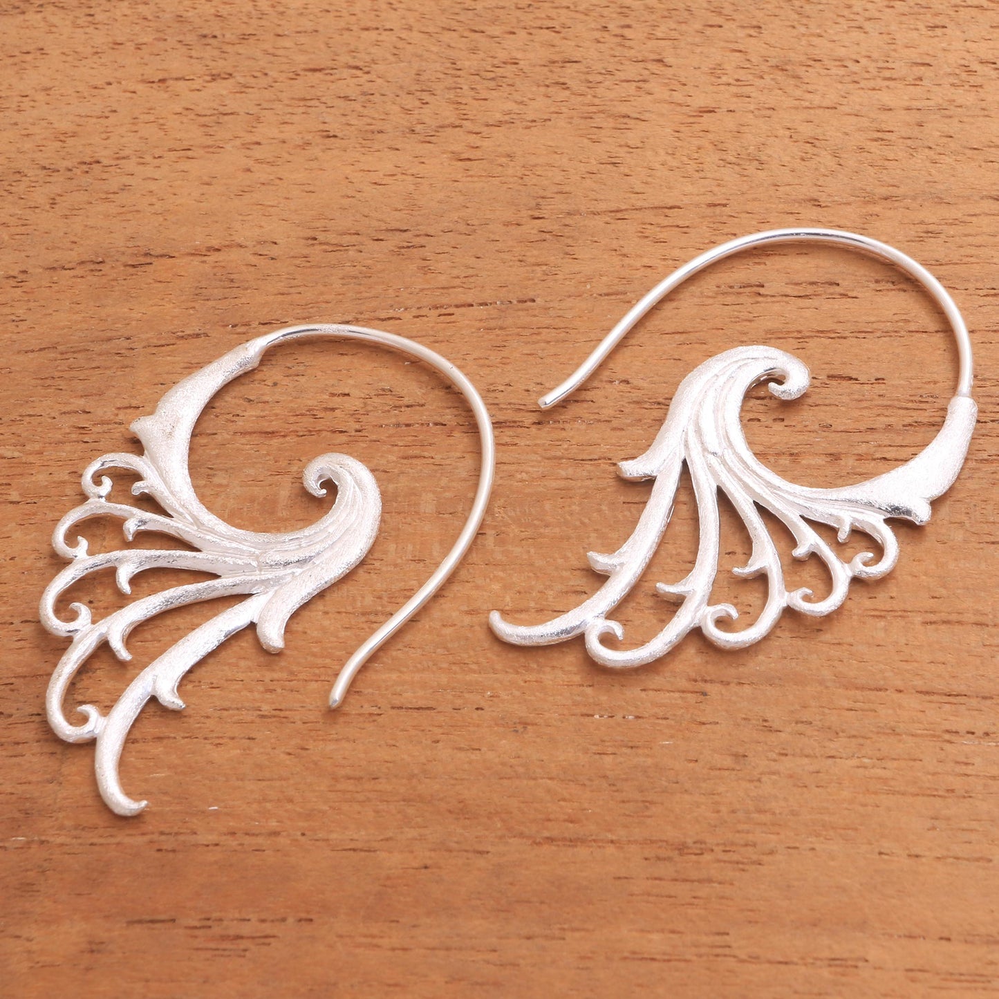 Angelic Wings Curling Motif Sterling Silver Half-Hoop Earrings from Bali