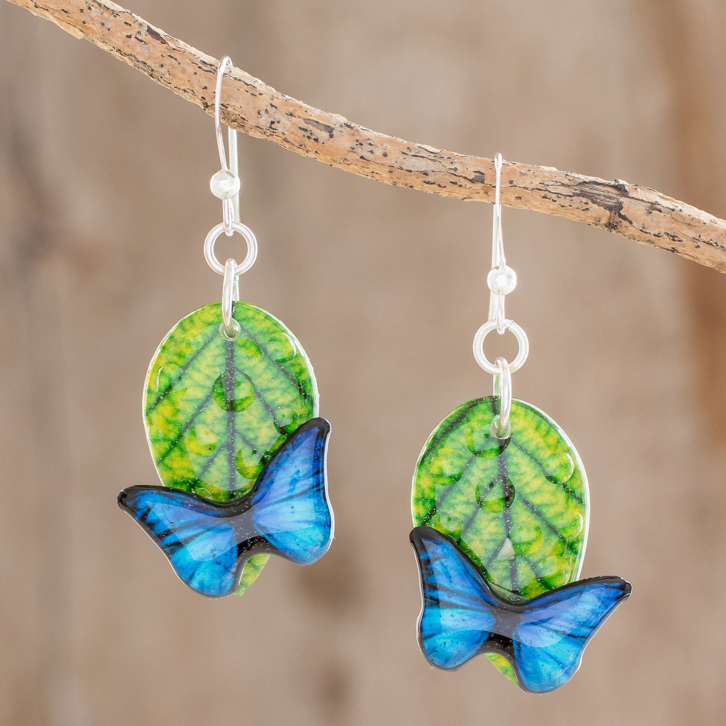 Morpheus Butterfly Resin and Paper Dangle Earrings from Costa Rica