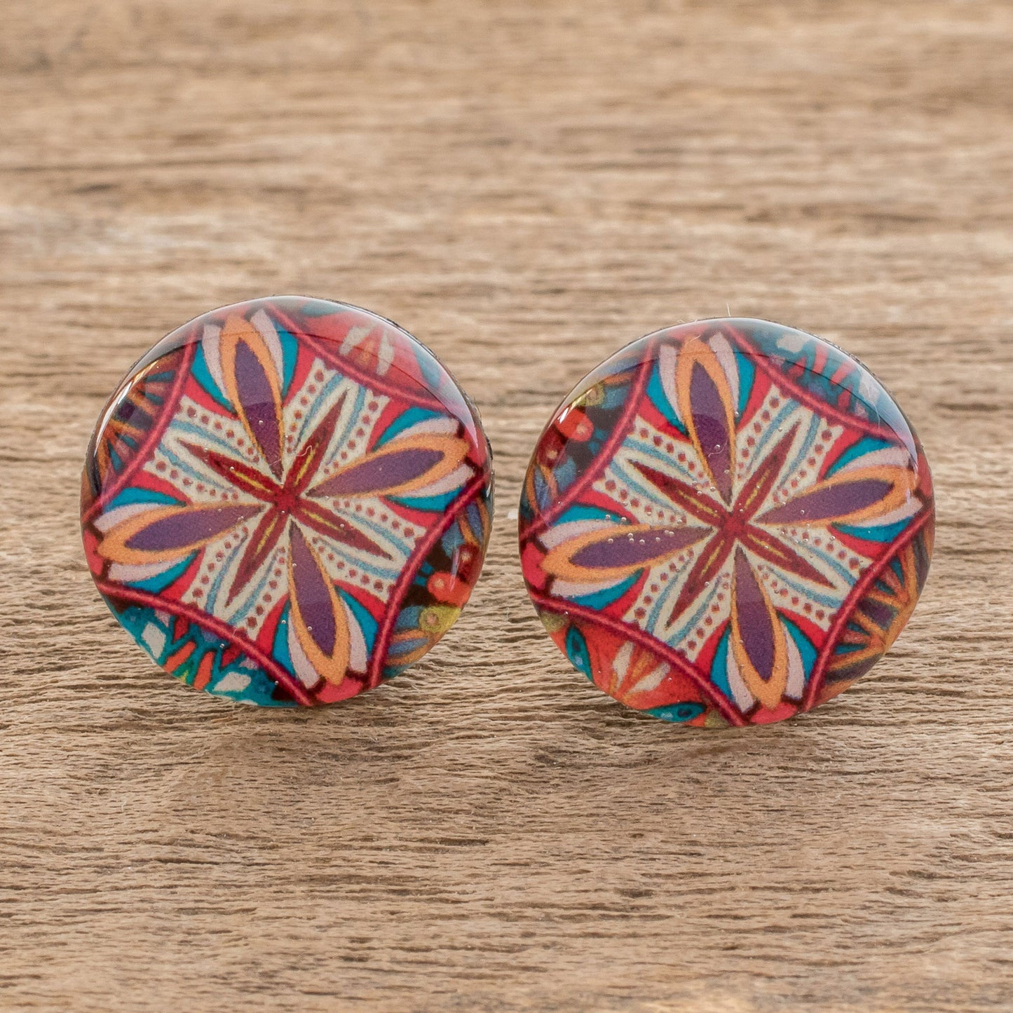 Vibrant Kaleidoscope Multicolored Resin and Paper Stud Earrings from Costa Rica