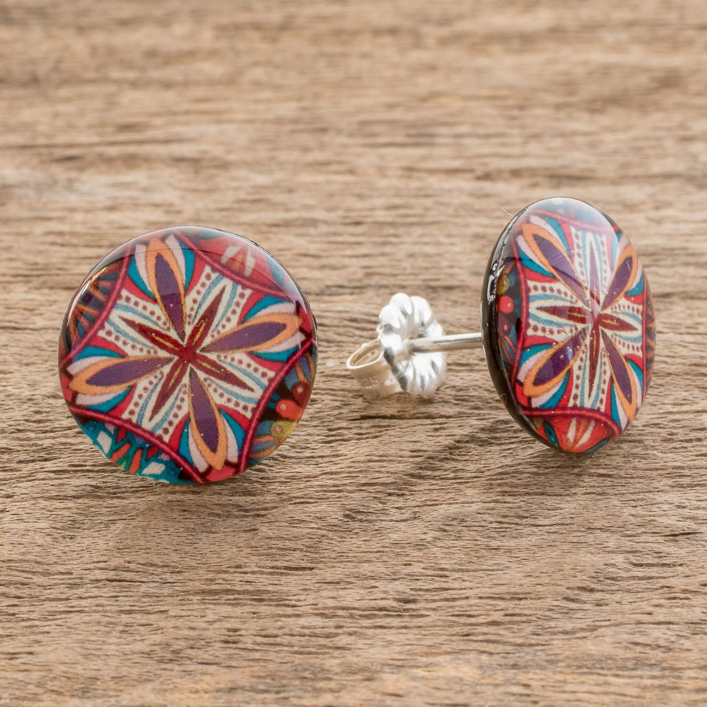 Vibrant Kaleidoscope Multicolored Resin and Paper Stud Earrings from Costa Rica