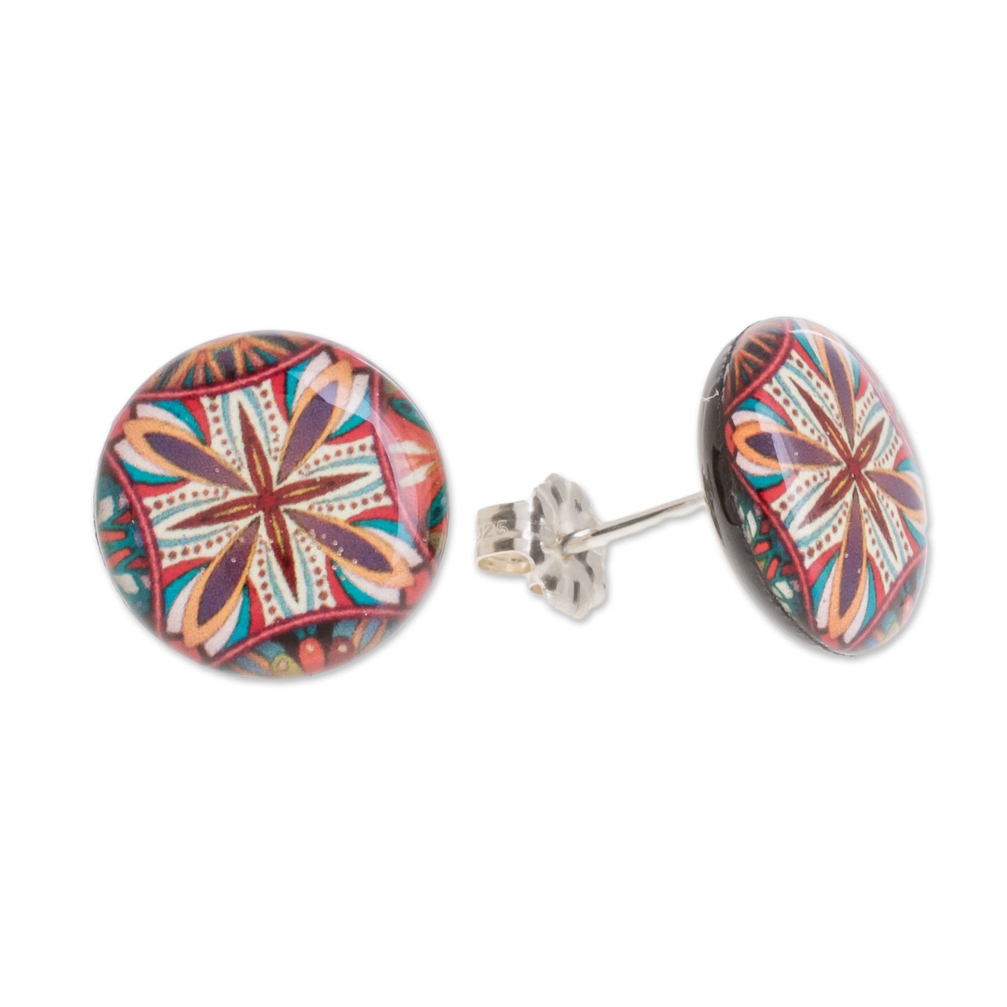 Vibrant Kaleidoscope Multicolored Resin and Paper Stud Earrings from Costa Rica