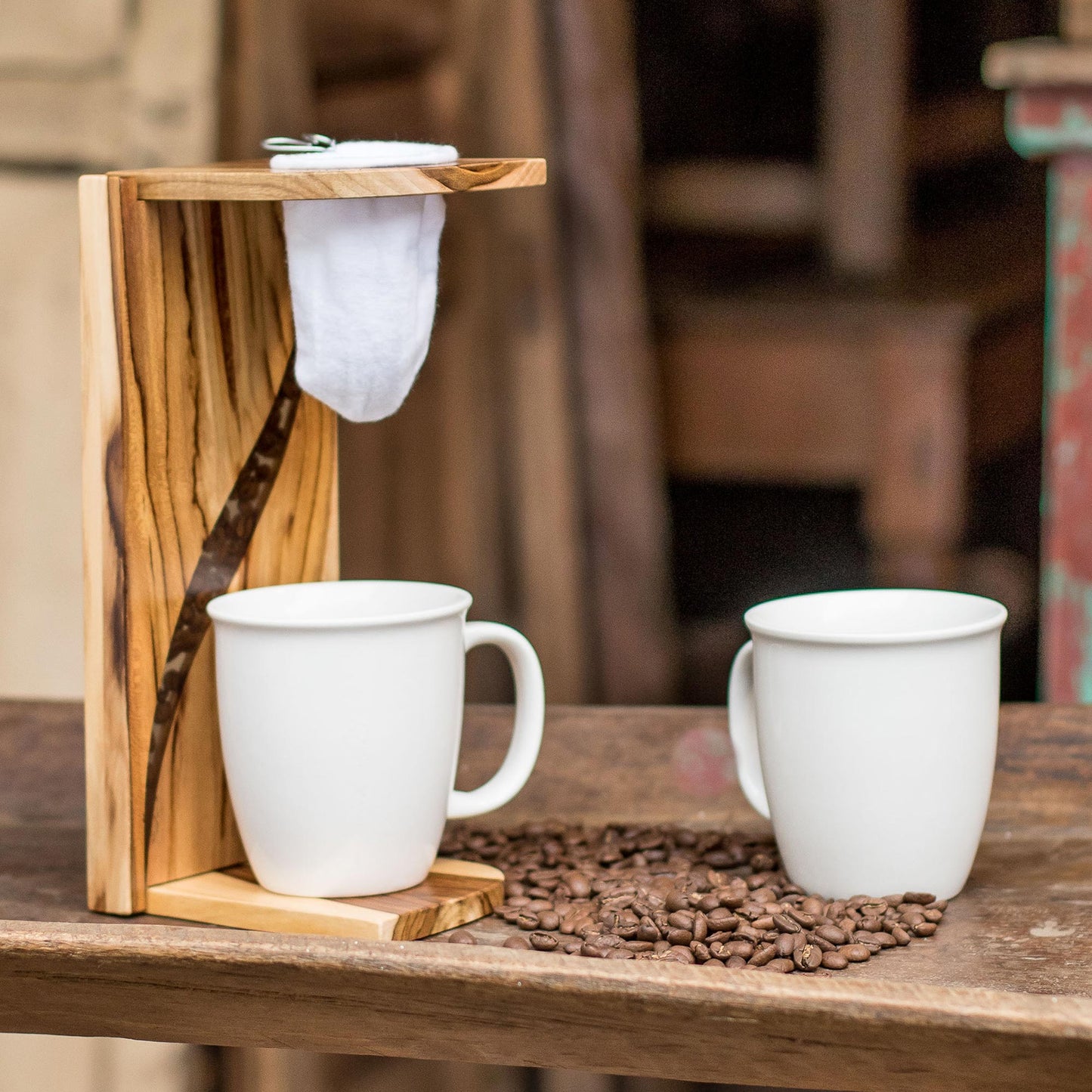 Fresh Beans Teak Wood and Resin Single-Serve Drip Coffee Stand