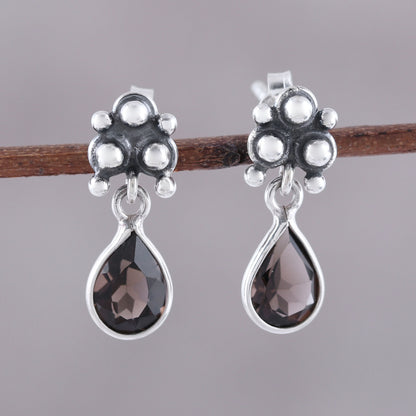 Trinity Glitter Sterling Silver and Smoky Quartz Dotted Dangle Earrings