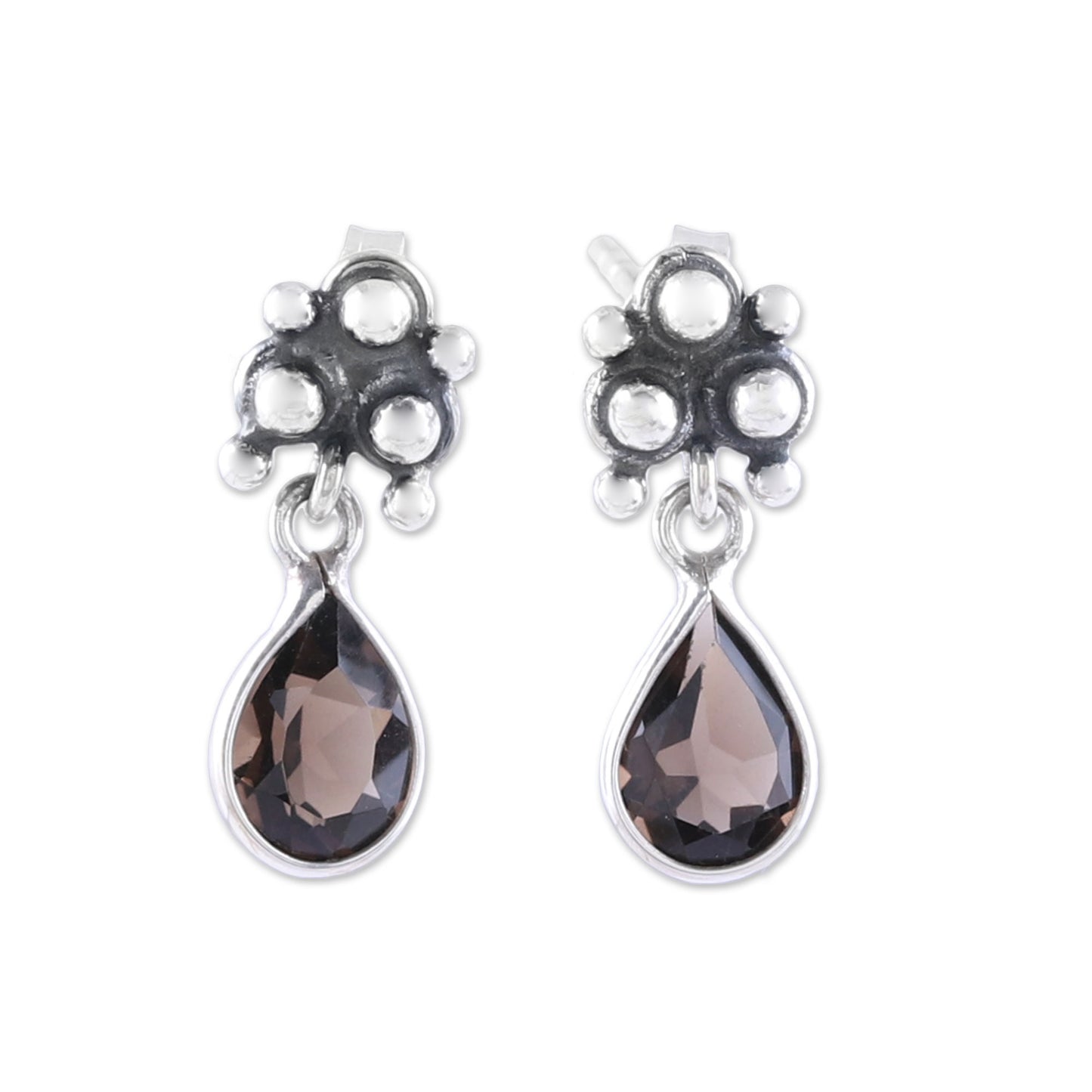 Trinity Glitter Sterling Silver and Smoky Quartz Dotted Dangle Earrings