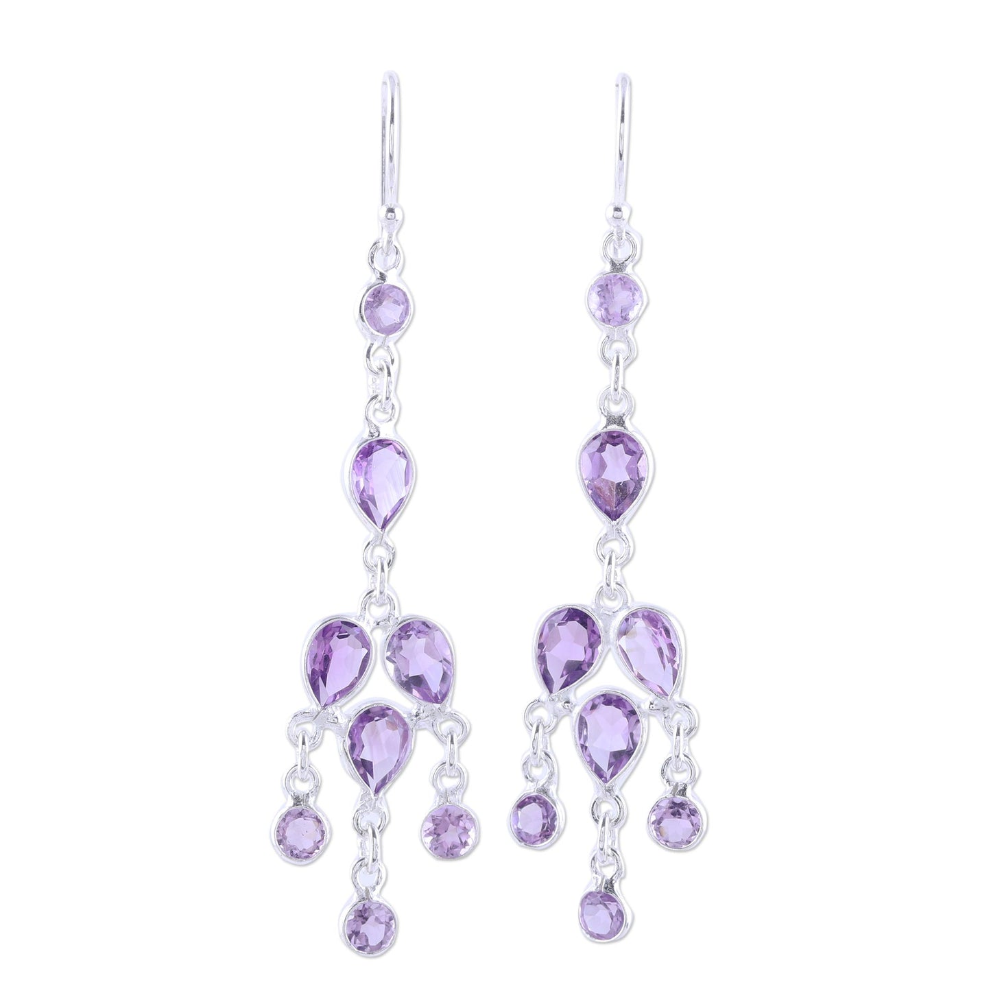 Leafy Adornment Sterling Silver and Purple Amethyst Chandelier Earrings