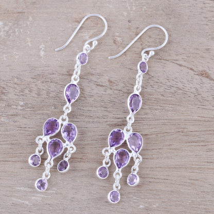 Leafy Adornment Sterling Silver and Purple Amethyst Chandelier Earrings