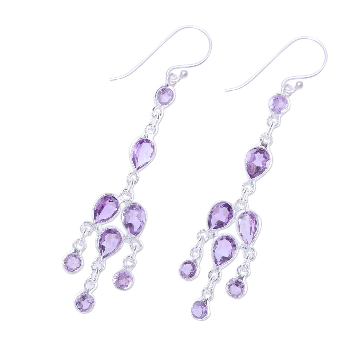 Leafy Adornment Sterling Silver and Purple Amethyst Chandelier Earrings