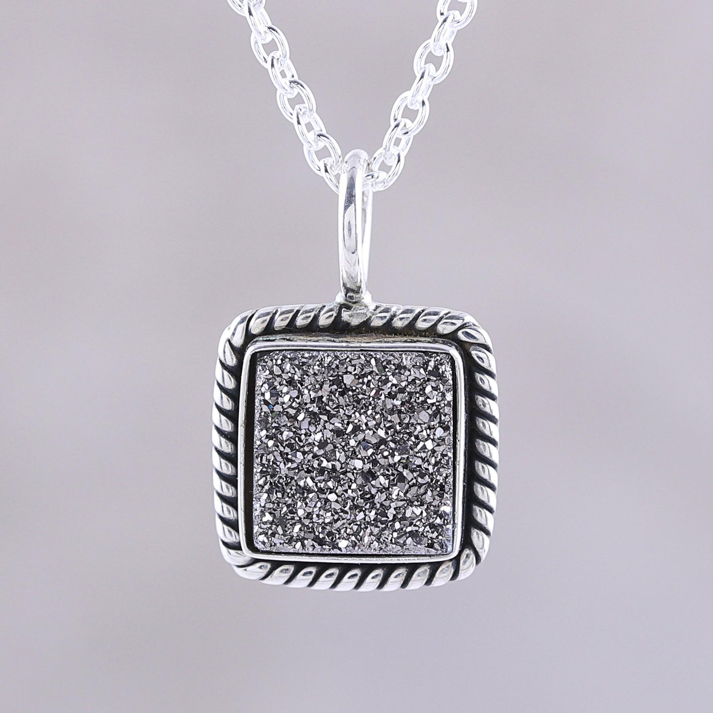 Grey Sparkle Sterling Silver and Grey Drusy Quartz Pendant Necklace