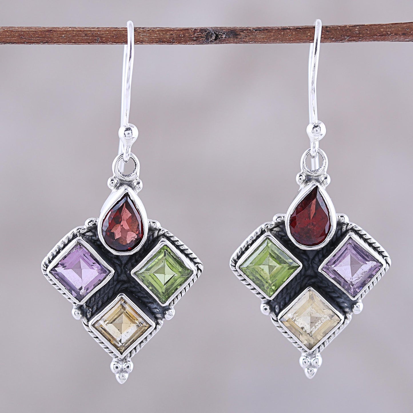 Sparkling Quartet Indian Garnet Citrine Peridot and Amethyst Dangle Earrings