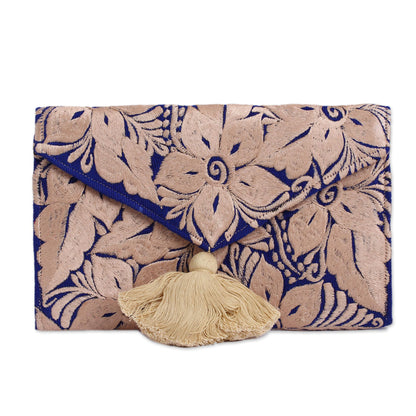 Buff Bouquet Embroidered Satin Clutch Purse with Buff Floral Motifs