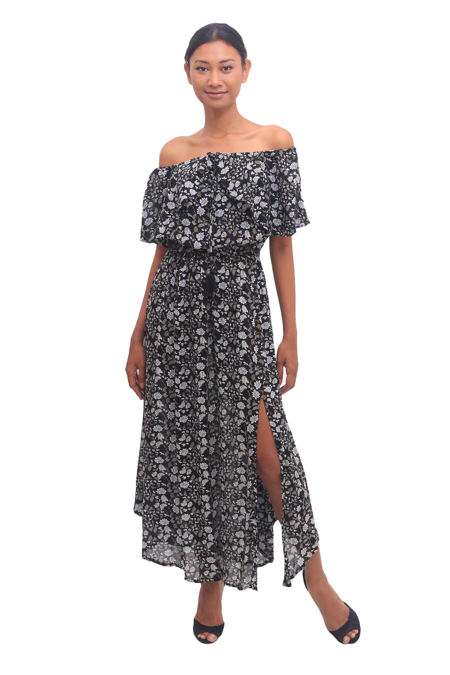 Boho Bali White and Olive Floral Print on Black Rayon Midi Dress