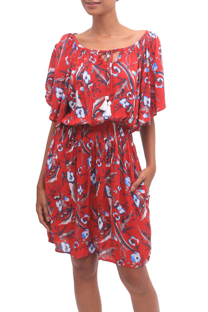 Strawberry Bouquet Floral Rayon Tunic-Style Dress in Strawberry from Bali