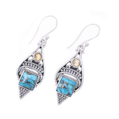 Mythic Ocean Citrine and Composite Turquoise Dangle Earrings from India