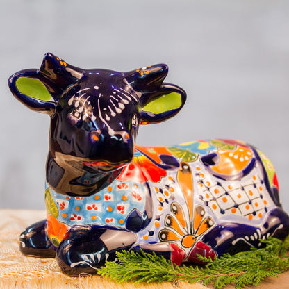 Vibrant Cow Hand-Painted Ceramic Cow Sculpture from Mexico