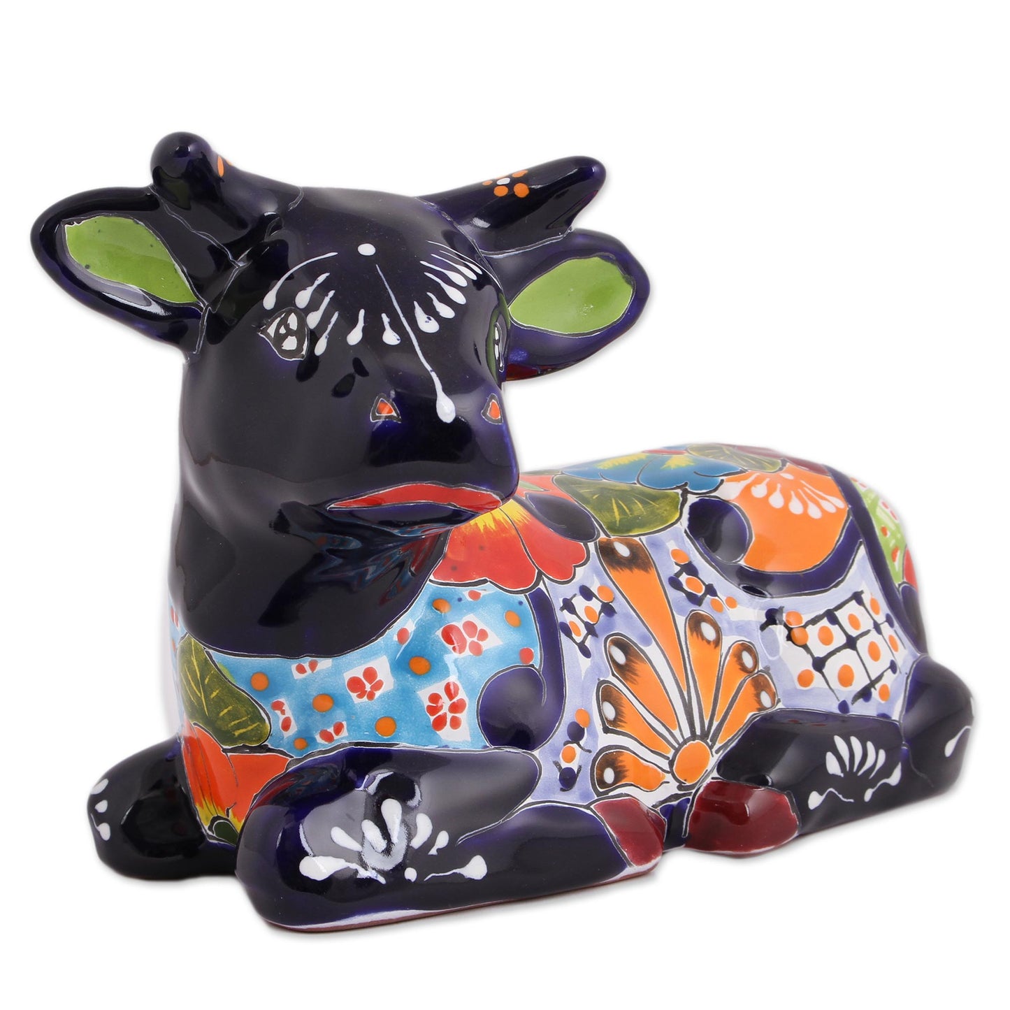 Vibrant Cow Hand-Painted Ceramic Cow Sculpture from Mexico