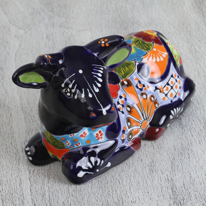 Vibrant Cow Hand-Painted Ceramic Cow Sculpture from Mexico