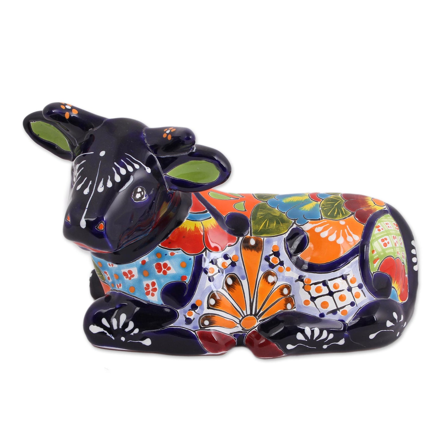 Vibrant Cow Hand-Painted Ceramic Cow Sculpture from Mexico