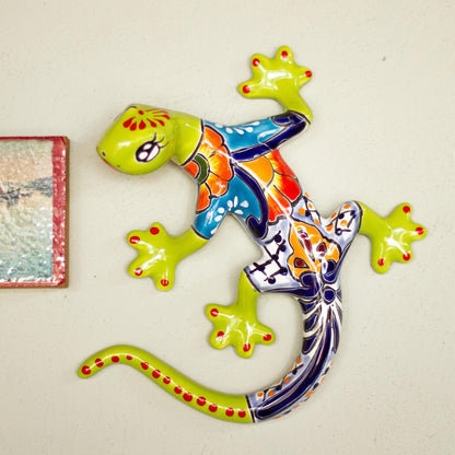 Vibrant Salamander Hand-Painted Ceramic Salamander Wall Sculpture from Mexico