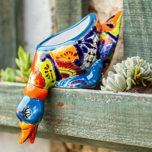 Feeding Duck Hand-Painted Ceramic Duck Flower Pot from Mexico