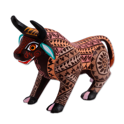 Earthen Bull Wood Alebrije Bull Figurine in Brown from Mexico