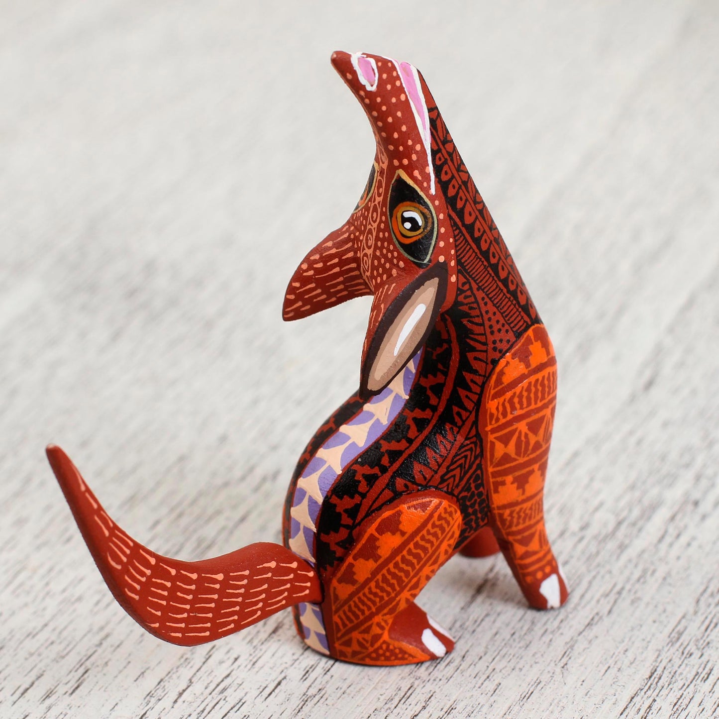 Fascinating Coyote Wood Alebrije Coyote Figurine in Red and Orange from Mexico