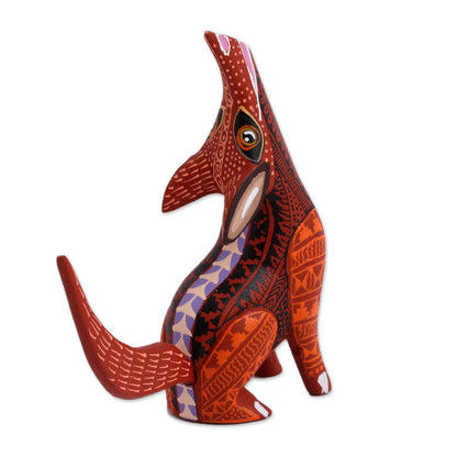 Fascinating Coyote Wood Alebrije Coyote Figurine in Red and Orange from Mexico