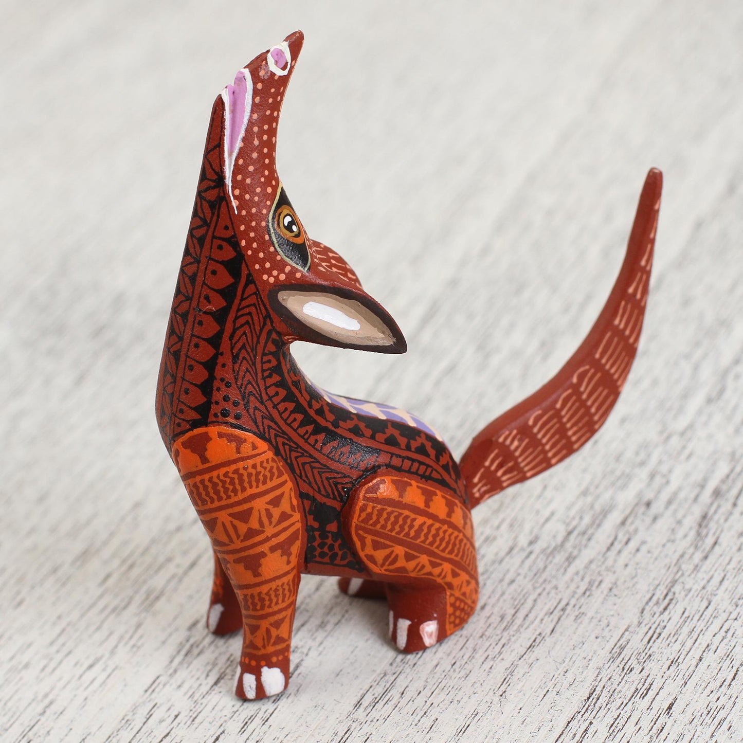 Fascinating Coyote Wood Alebrije Coyote Figurine in Red and Orange from Mexico