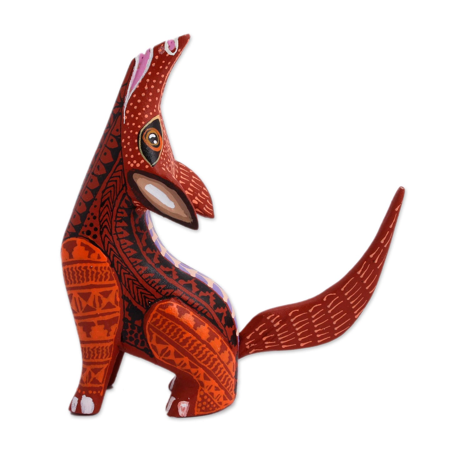 Fascinating Coyote Wood Alebrije Coyote Figurine in Red and Orange from Mexico