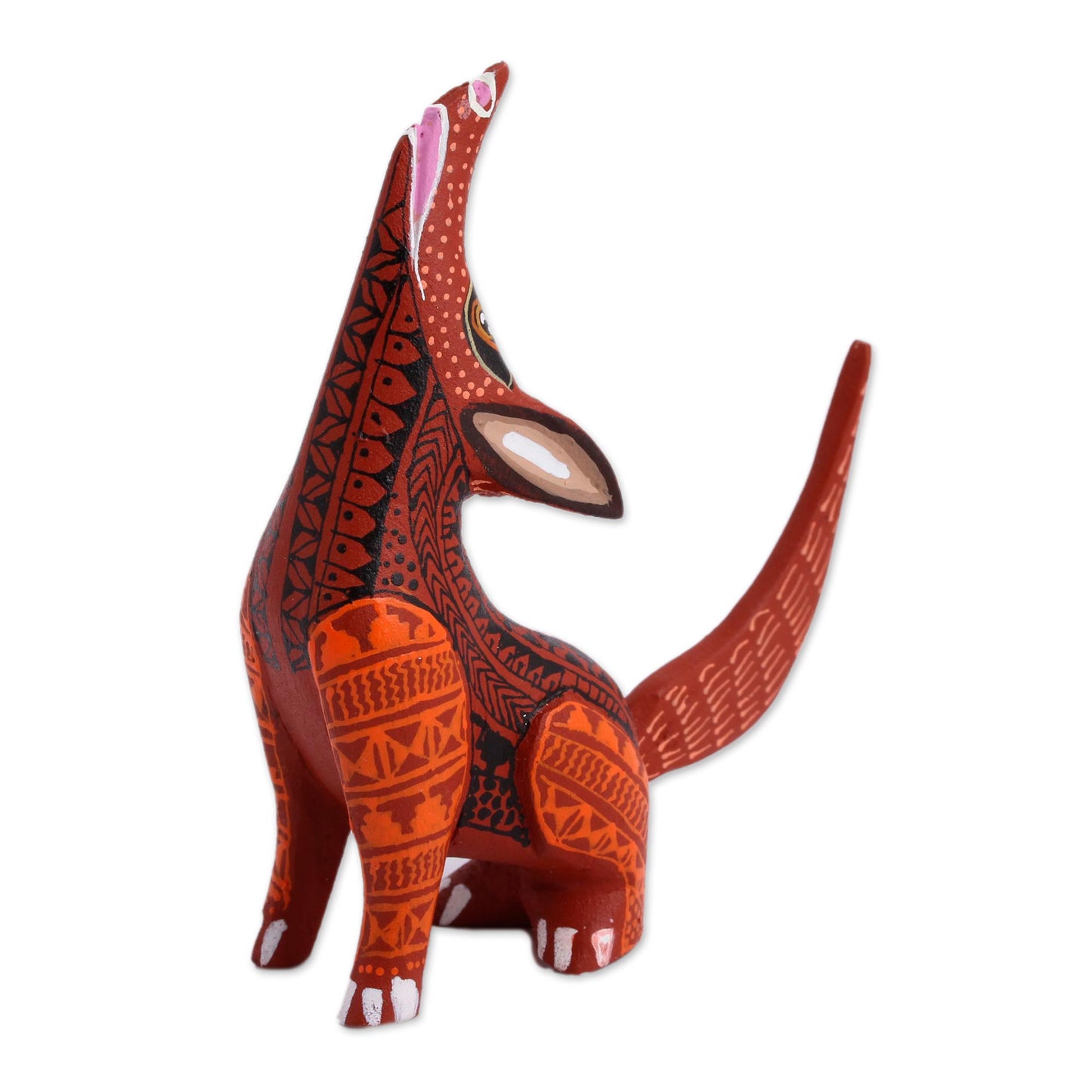 Fascinating Coyote Wood Alebrije Coyote Figurine in Red and Orange from Mexico