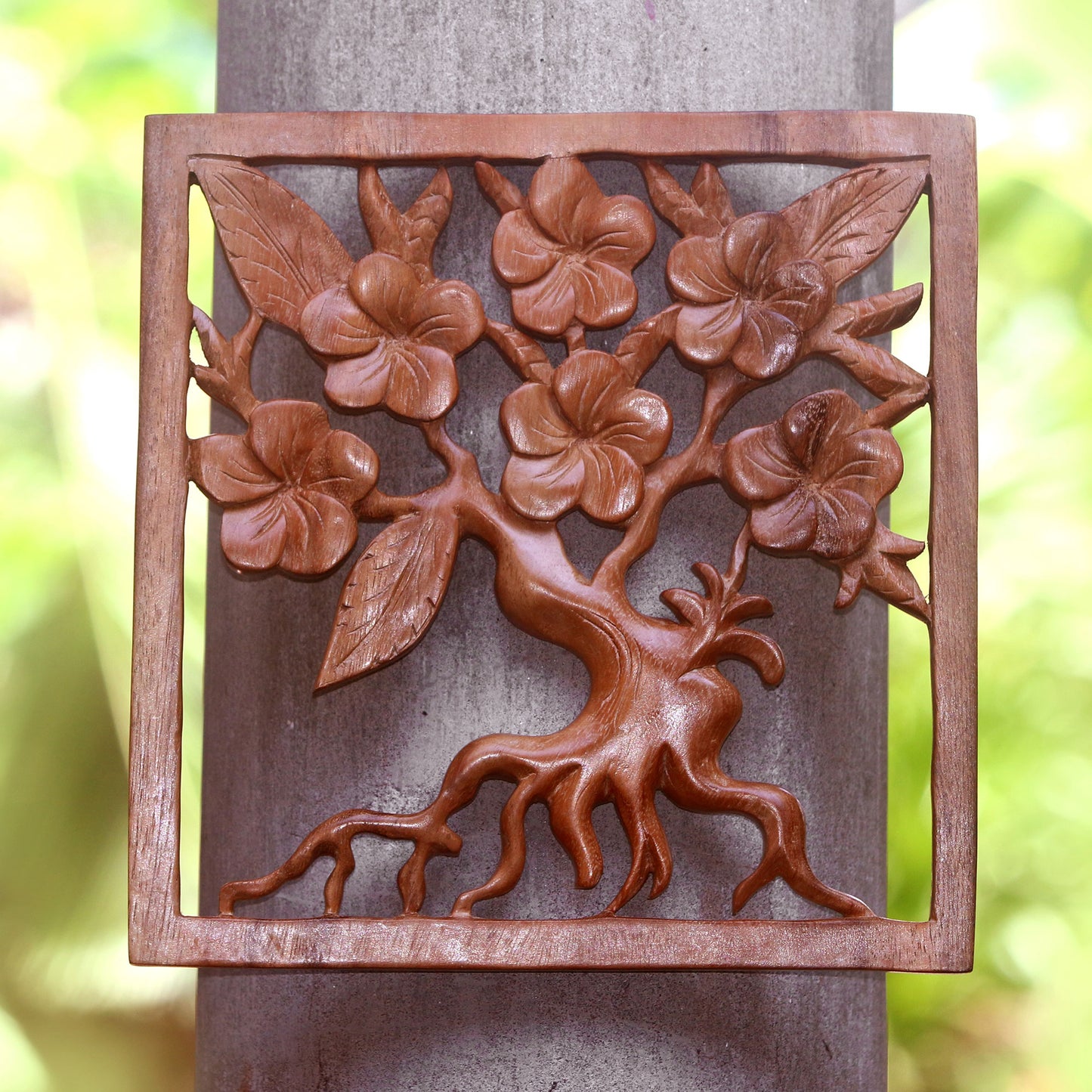 Plumeria Tree Plumeria Tree Hand Carved Square Wood Relief Wall Panel