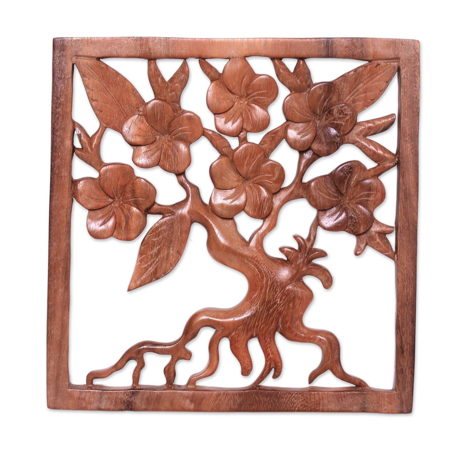 Plumeria Tree Plumeria Tree Hand Carved Square Wood Relief Wall Panel