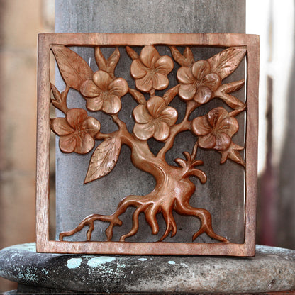 Plumeria Tree Plumeria Tree Hand Carved Square Wood Relief Wall Panel