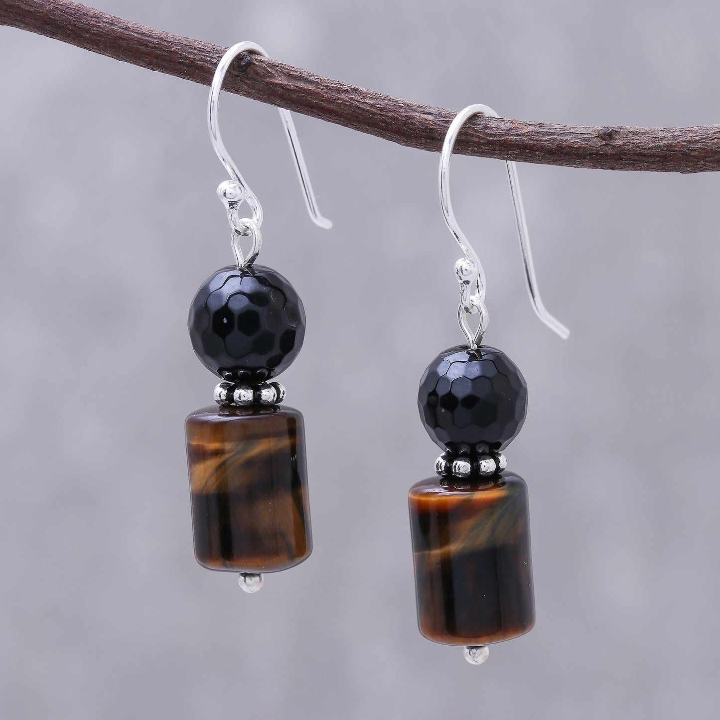 Earthen Marvel Onyx and Tiger's Eye Dangle Earrings from Thailand