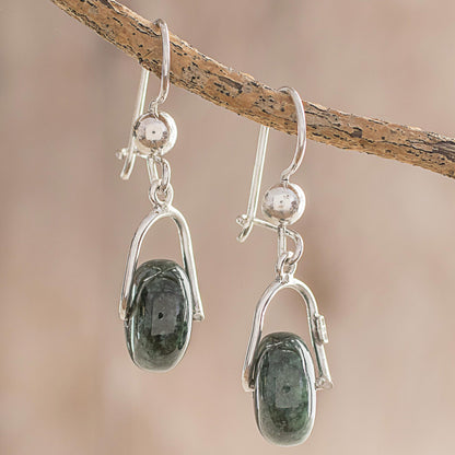 Wheel of Fortune Circular Dark Green Jade Dangle Earrings from Guatemala