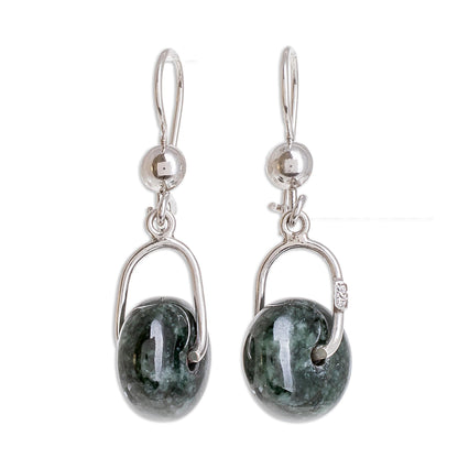 Wheel of Fortune Circular Dark Green Jade Dangle Earrings from Guatemala