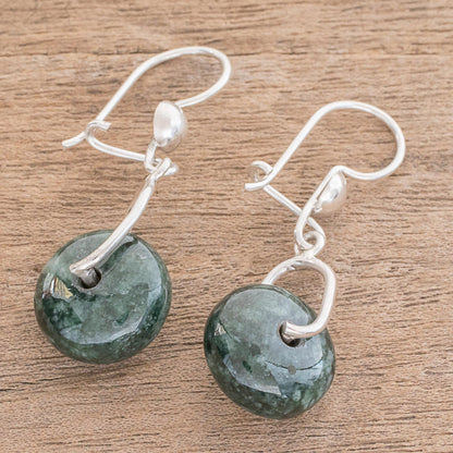 Wheel of Fortune Circular Dark Green Jade Dangle Earrings from Guatemala