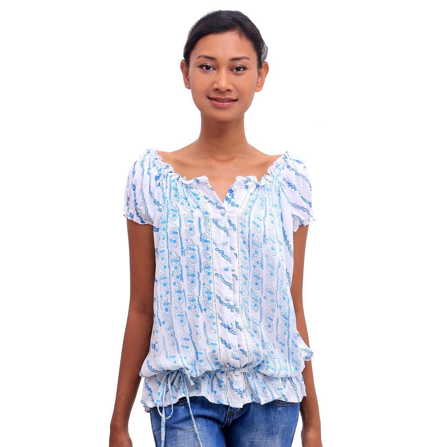 Azure Helix Helix Motif Rayon Off-The-Shoulder Blouse from Bali