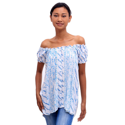 Azure Helix Helix Motif Rayon Off-The-Shoulder Blouse from Bali
