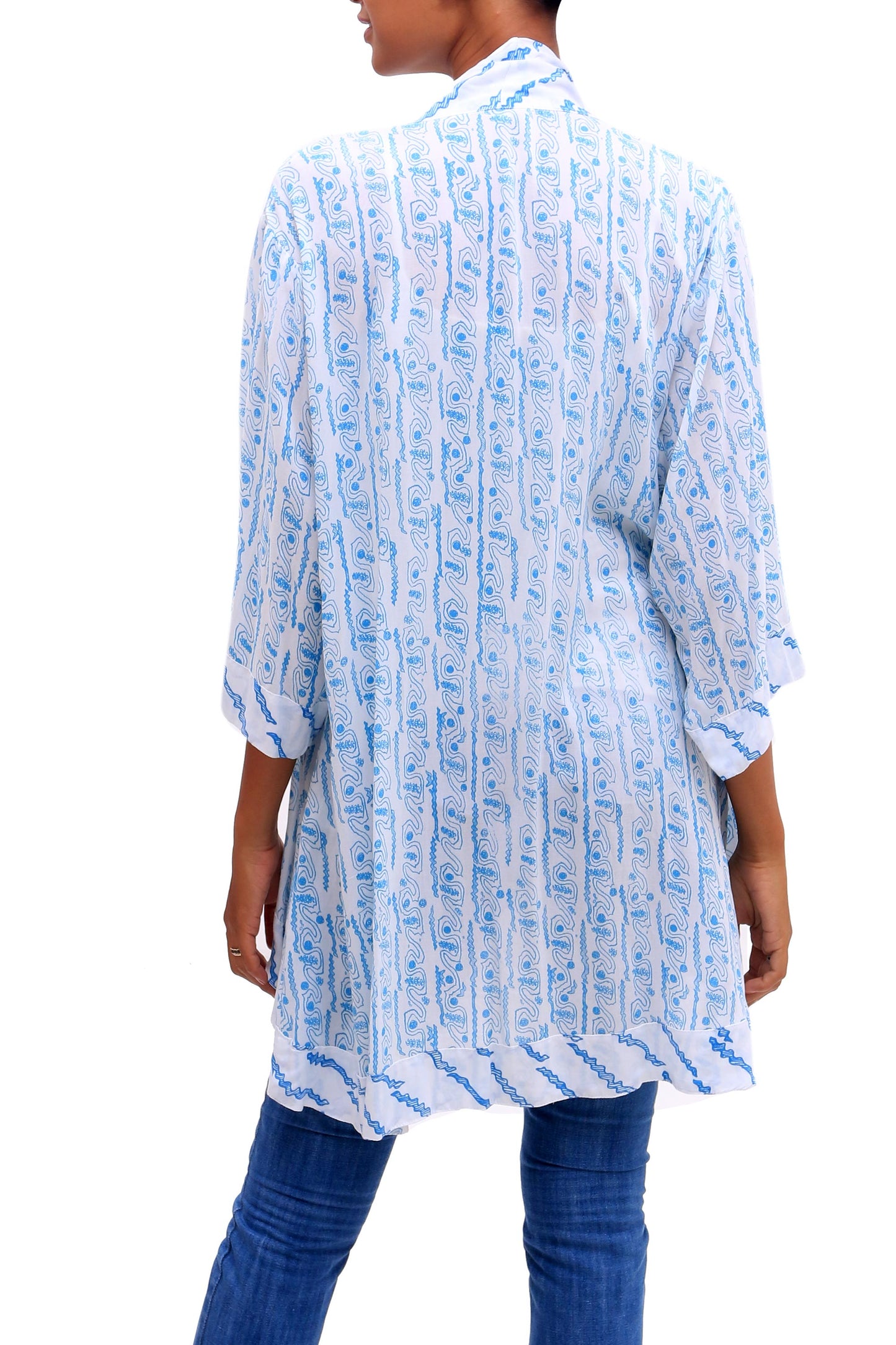 Azure Helix Printed Rayon Kimono in Azure from Bali