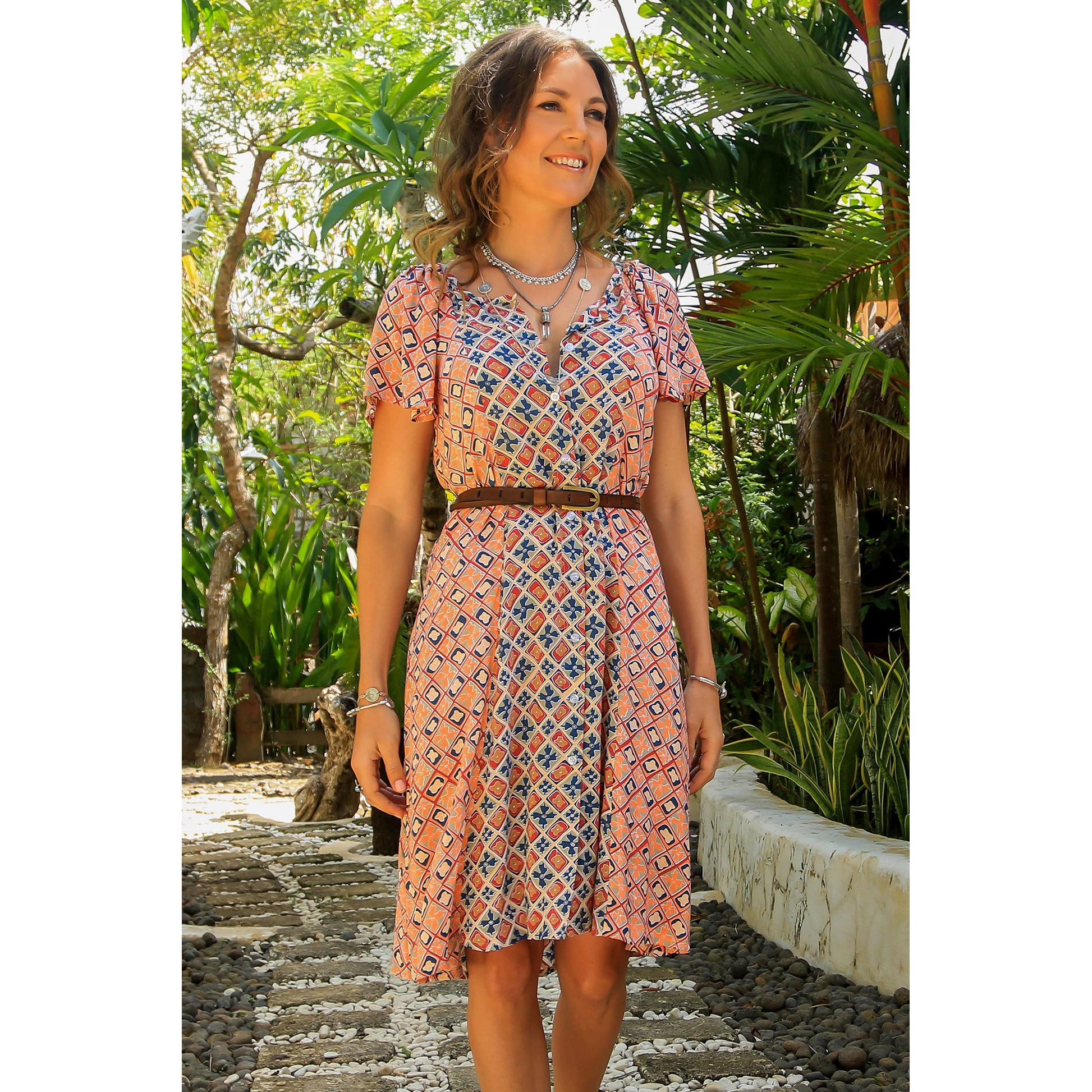 NOVICA Kelud Crisscross Multicolor Rayon A-Line Dress | GreaterGood NOVICA Kelud Crisscross Multicolor Rayon A-Line Dress | GreaterGood